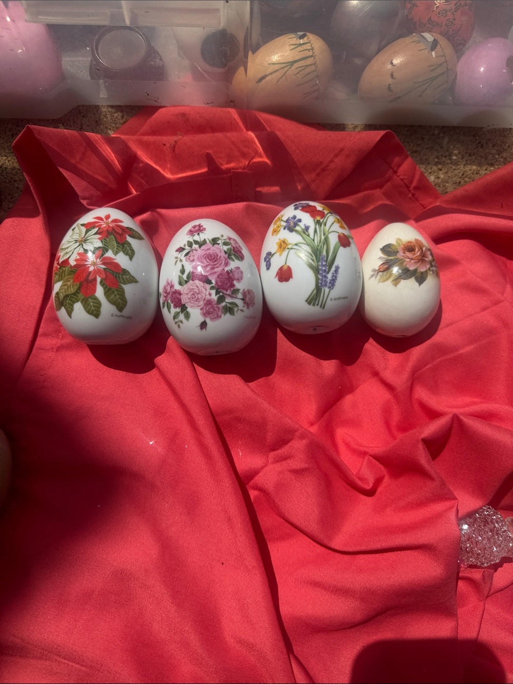 Avon Porcelain Floral Egg Set - White with Red, Pink, Yellow, Green Accents